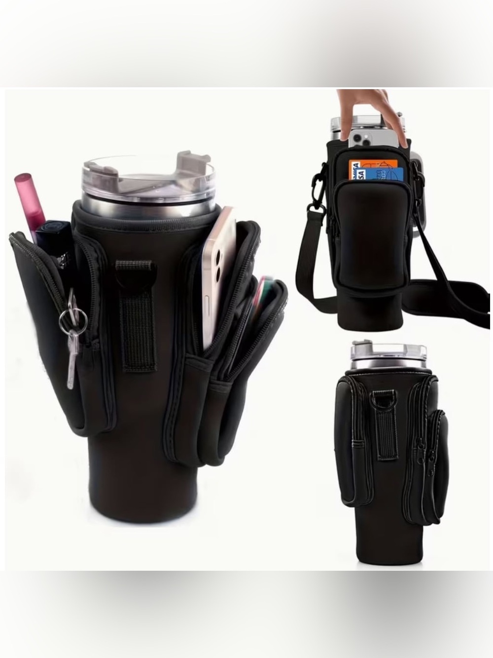 Black Tumbler Carrier with Adjustable Straps and Pockets